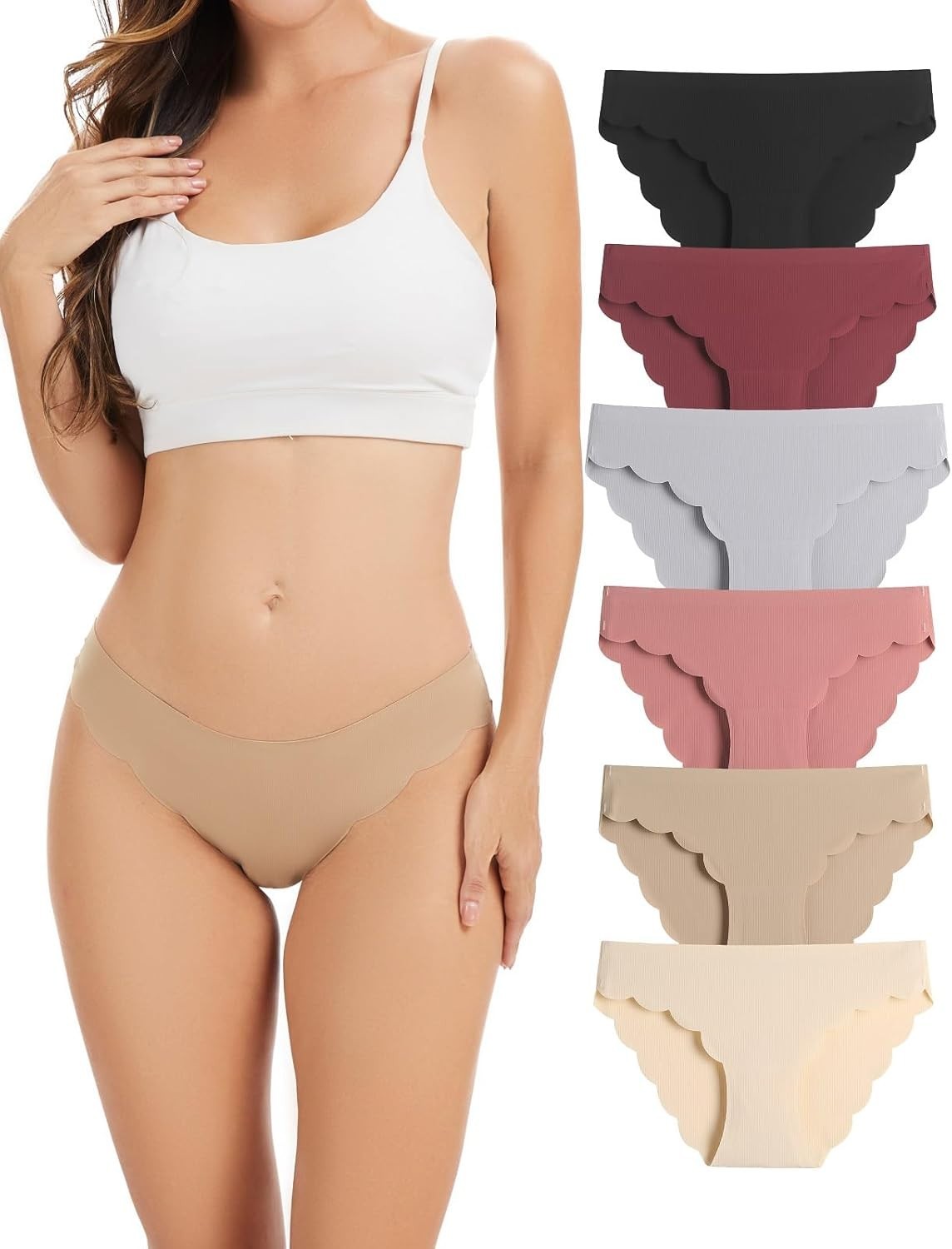 6 Pack Seamless Underwear for Women Sexy Low Rise Hipster Wave Edge No Show Biki