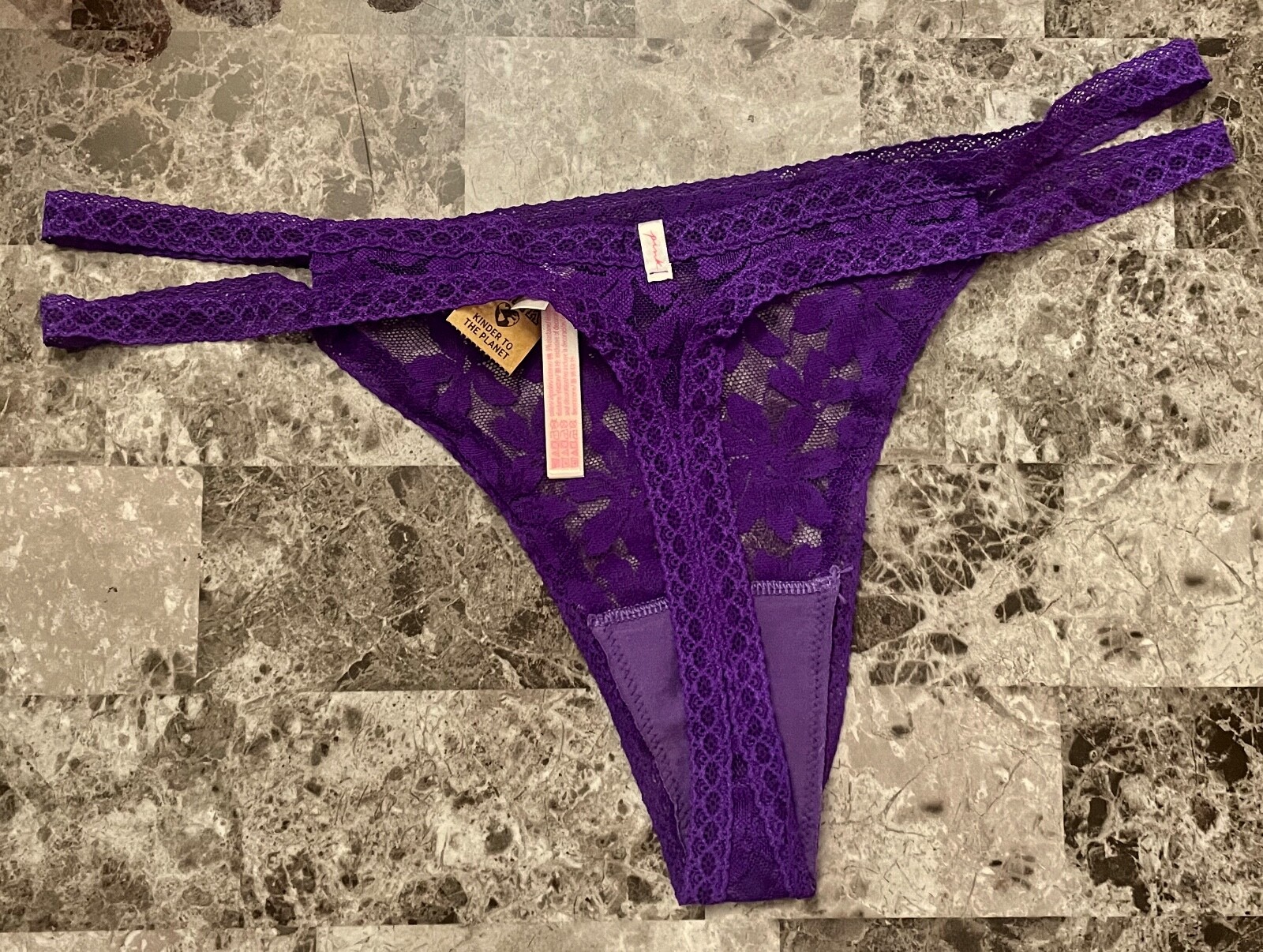 NWT VICTORIA’S SECRET PINK PURPLE FLORAL LACE DOUBLE STRAPPY SIDE THONG PANTIES