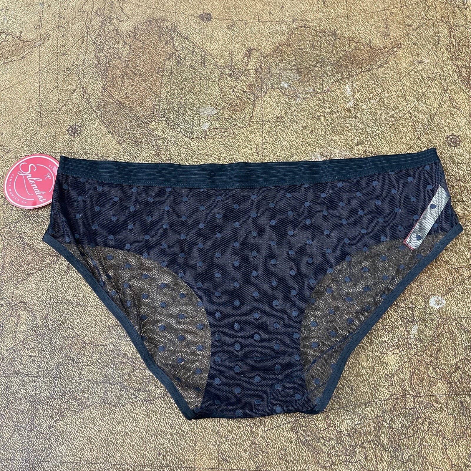 1X – NWT. Splendies. Mesh Polka Dot. Solid Black front. Cotton. Hipster Brief