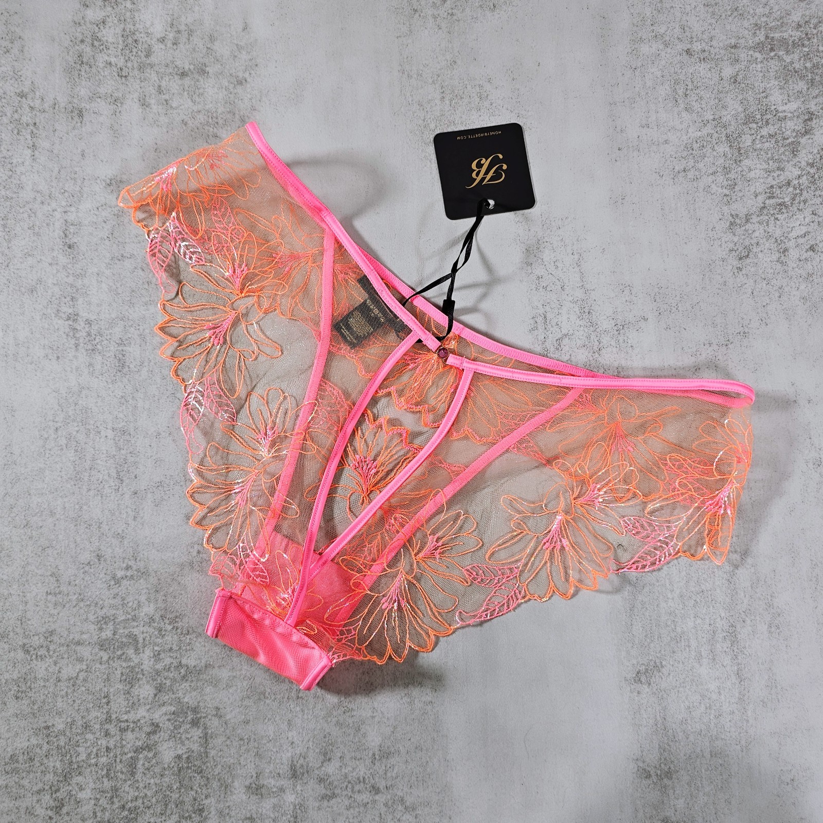 Honey Birdette Lily Neon Pink & Orange Floral Embroidered Brazilian Panty Size L
