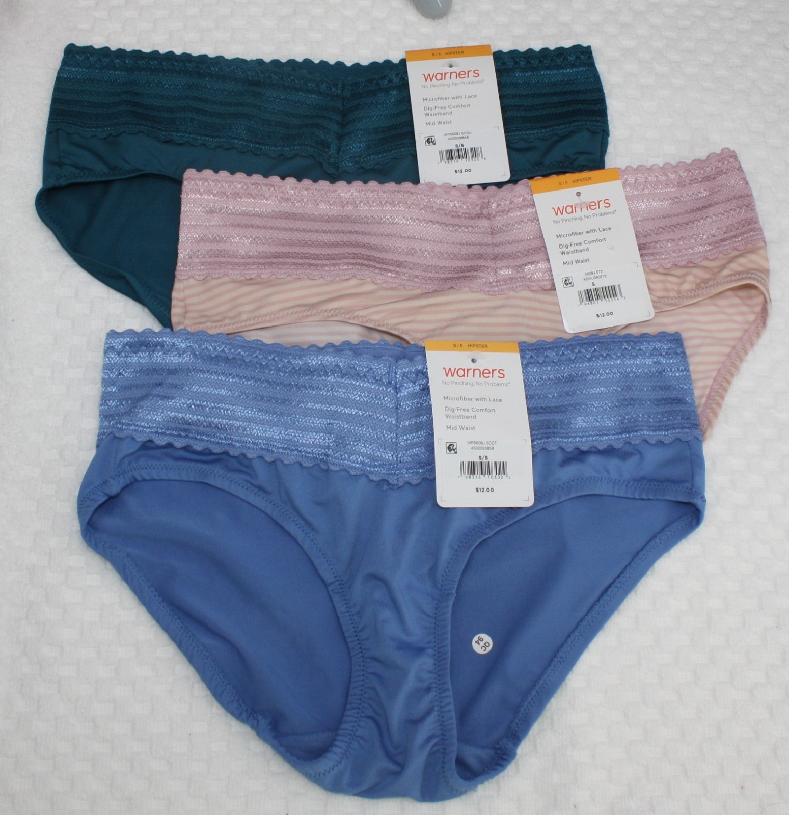 New set/3 WARNER’S no muffin top HIPSTER panties TEAL BLUE BEIGE LILAC stripes S