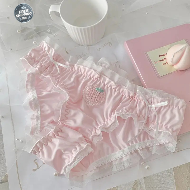 Strawberry Panties Women Satin Sweet Ruffle Briefs Cute Peach Kawaii Underwear