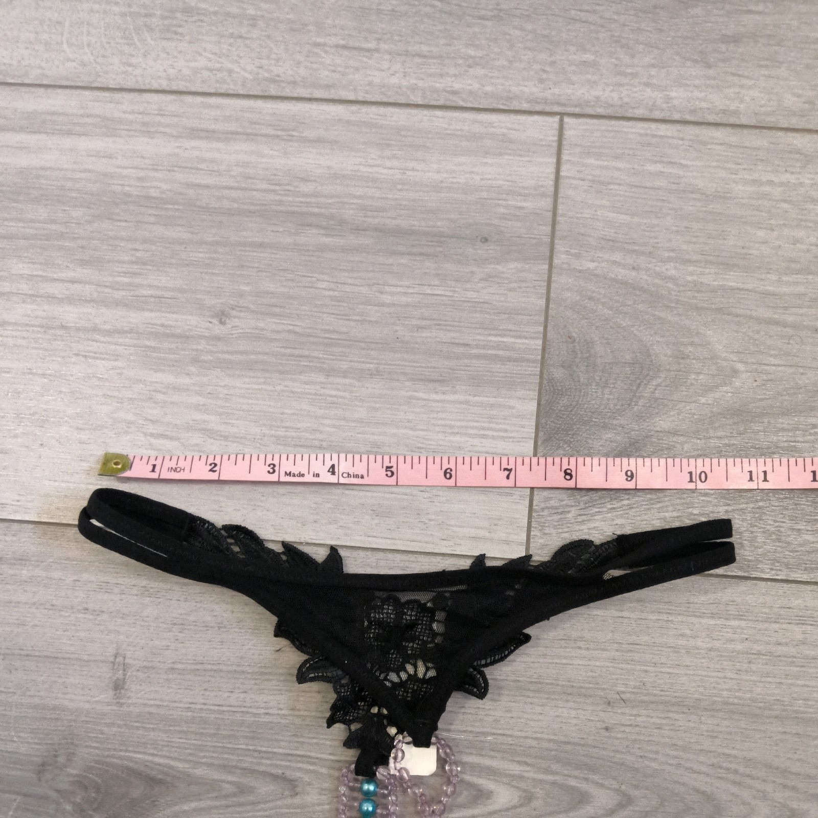 BNWT Bixtra Black Embroidered G String Thong Bead Chain Crotch Size 6-8