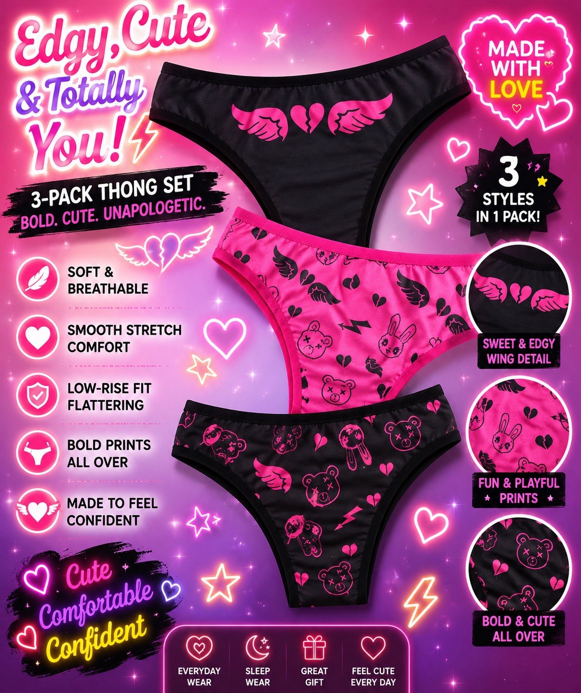 Women’s Anime Bear & Rabbit Heart Wing Pink Black Thong Panties 3PK. (6) Medium