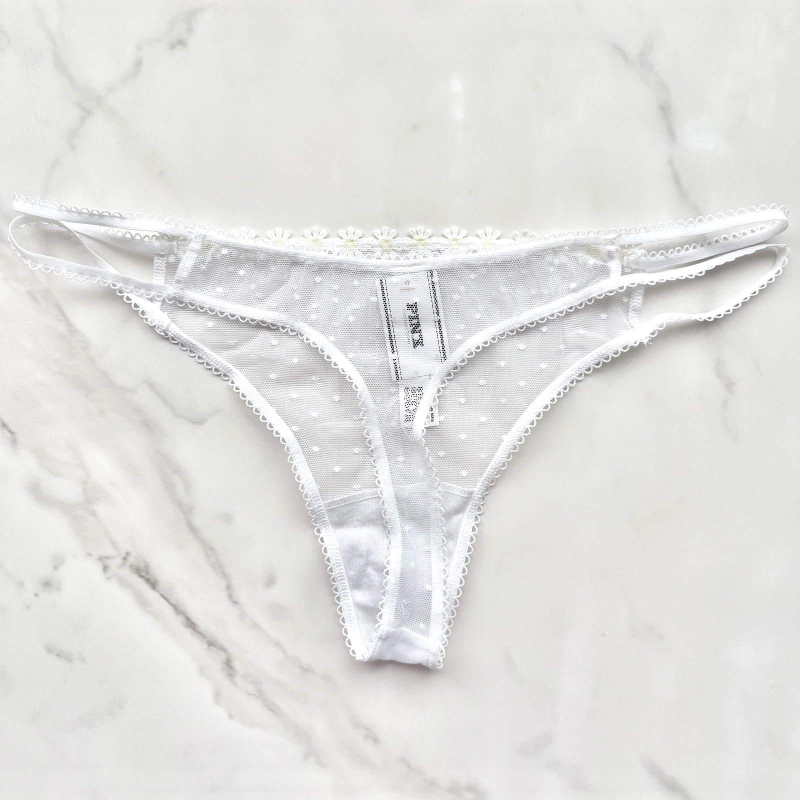 PINK Victoria’s Secret Wink Strappy Dot Mesh Thong Panty White SZ L/XL