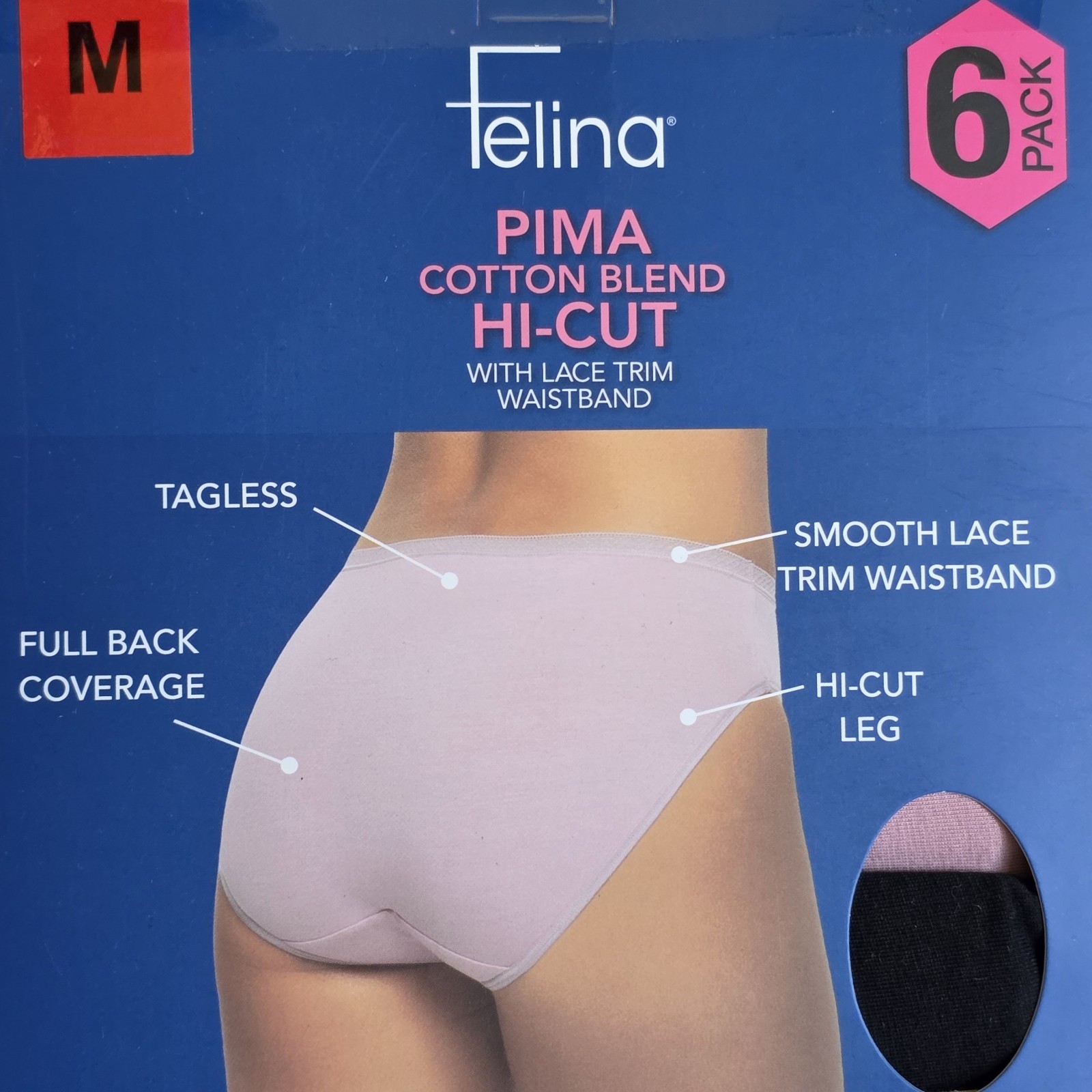 Felina Pima Cotton Blend Hi-cut with Lace Trim Waistband 6 Pack Medium NIB