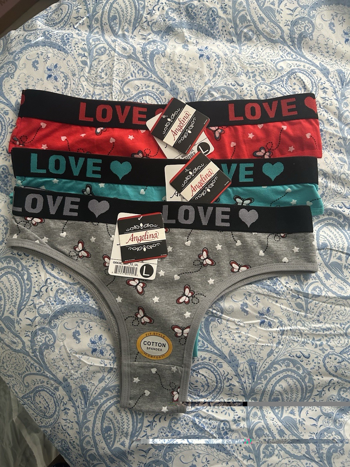 Angelina 3-Pack Women’s Hipster Panties L Multicolor Love Heart Butterfly