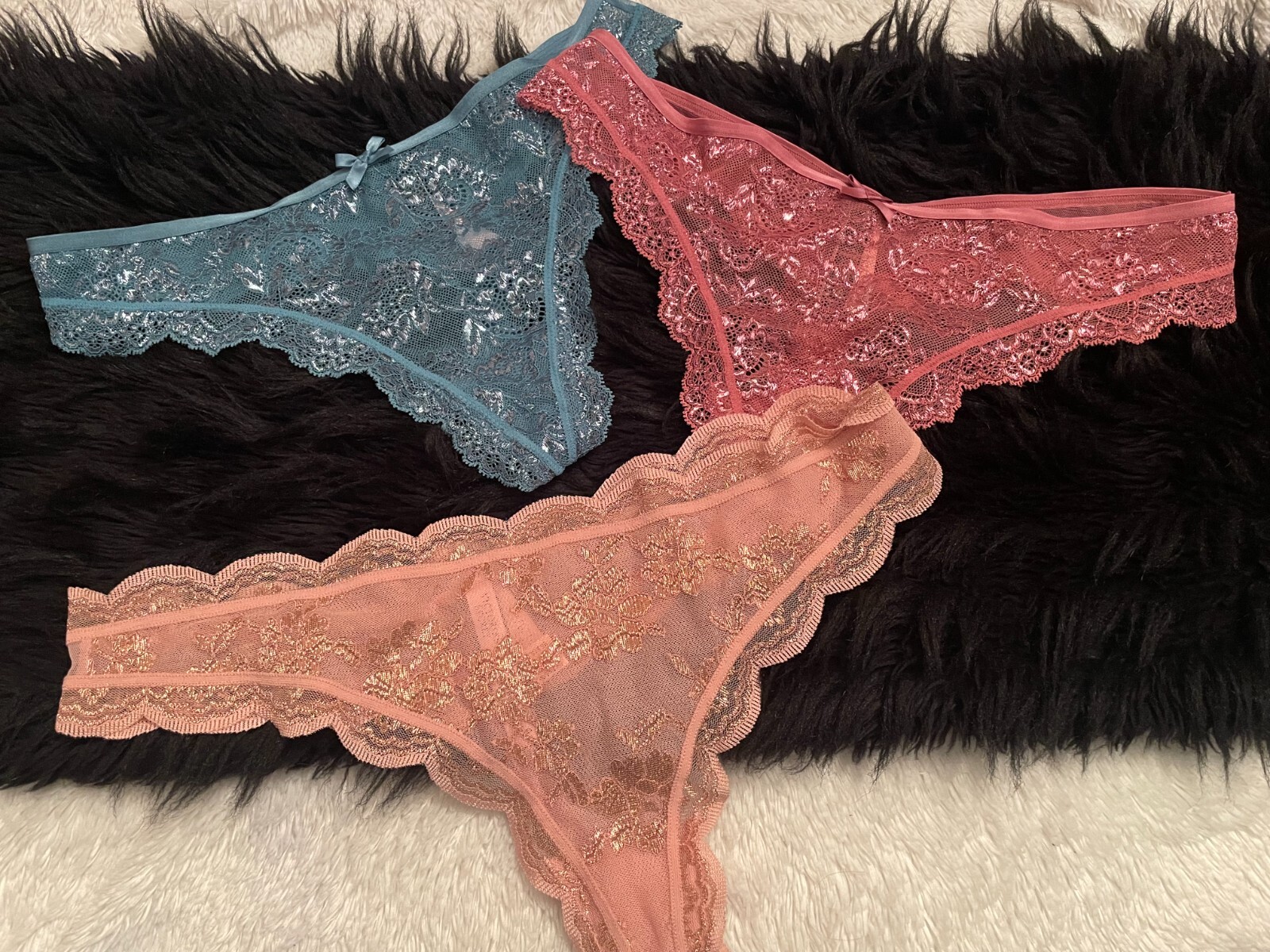 2018 XL VICTORIA’S SECRET Very Sexy THONG Panty Shimmer Lace Set Lot 3 Blue Pink