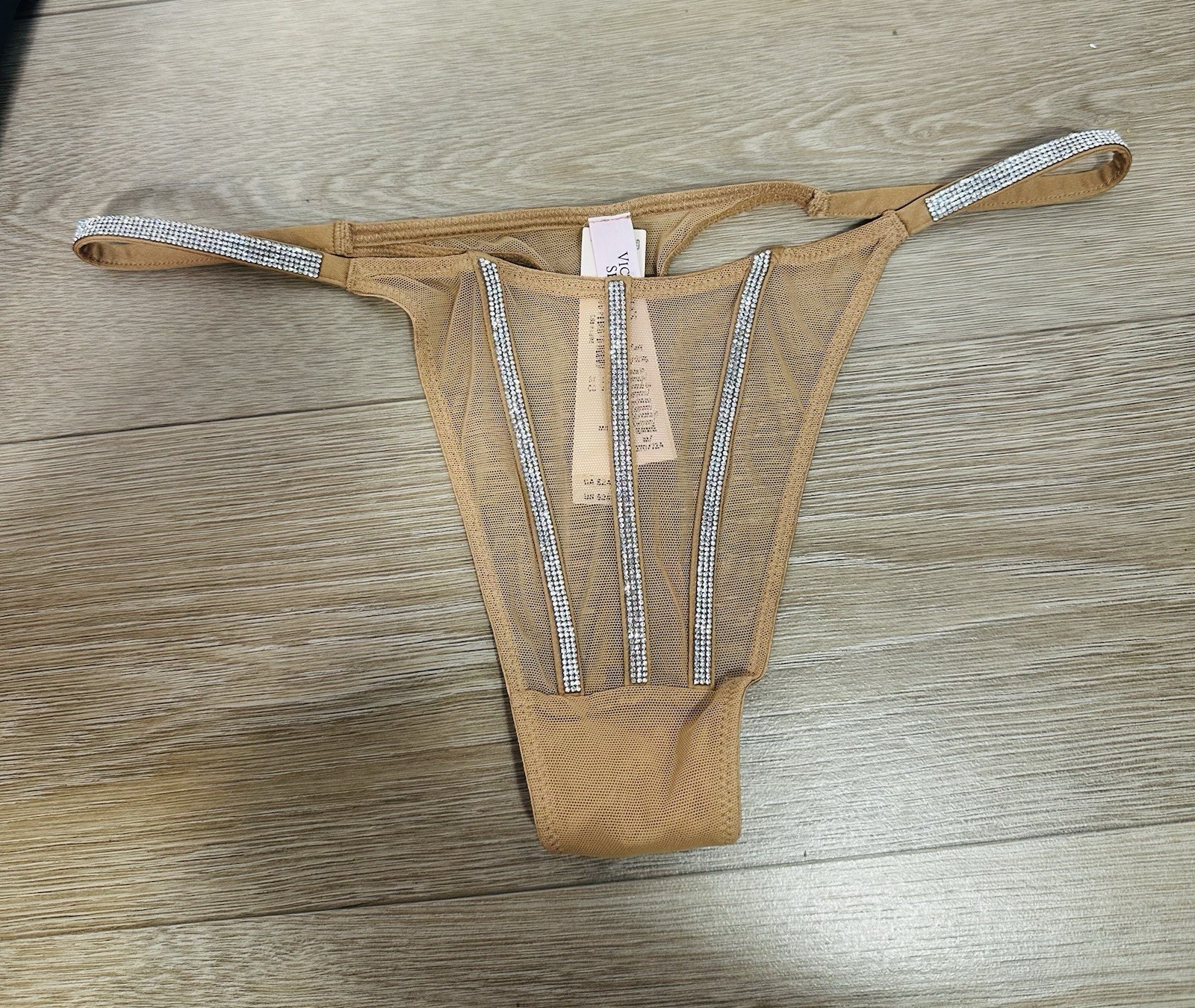Victorias Secret Sexy Beige Sheer Shine Strap Thong Panties Size M Rhinestones