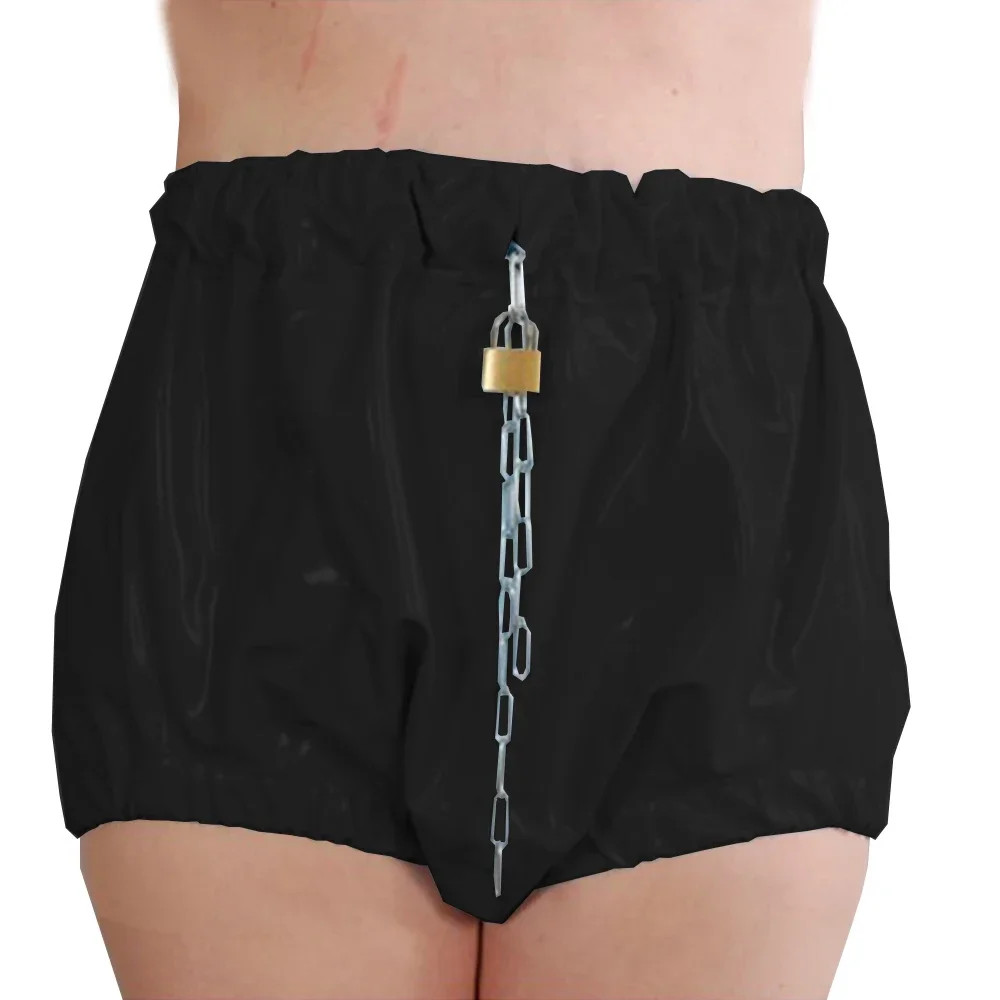 Shiny PVC Leather Locking Shorts for Adult High Waist Underwear Lockable Pants
