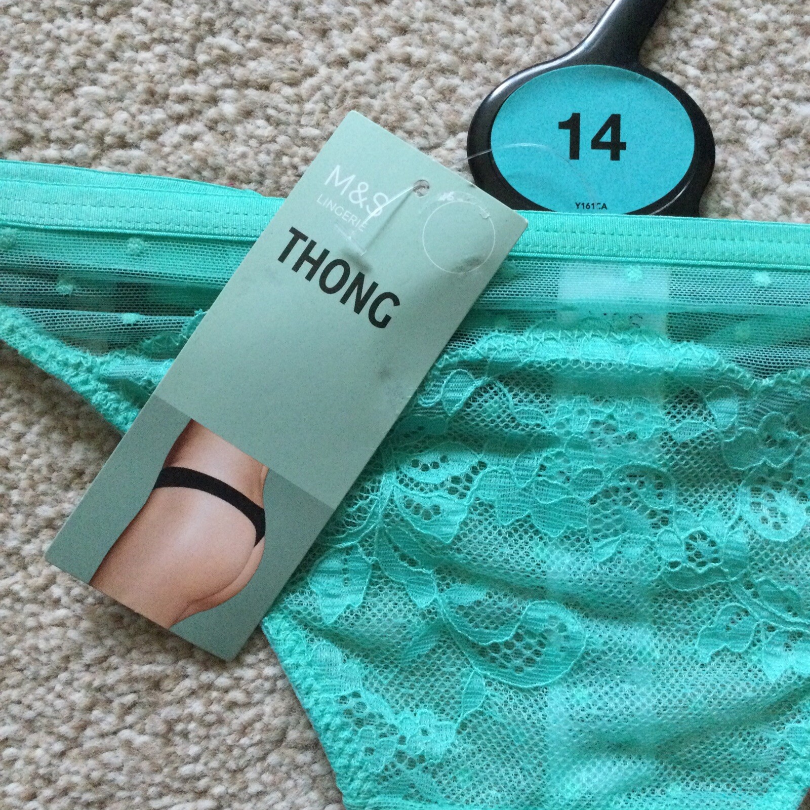 M&S Size 14 Ladies Lace Mesh Thong Knickers Light Jade Green Gold Ring Detail