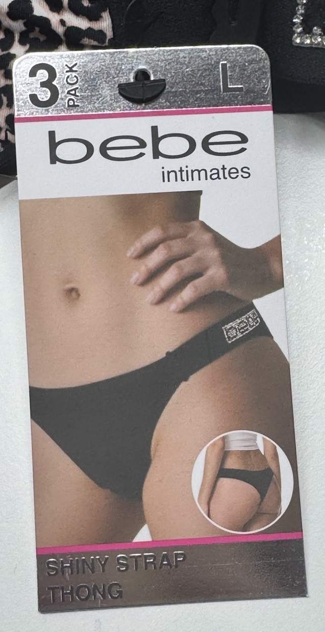 BEBE Women’s 3-Pack LOGO SHINY Strap Thong Panty Black Pink Animal Nylon Size L