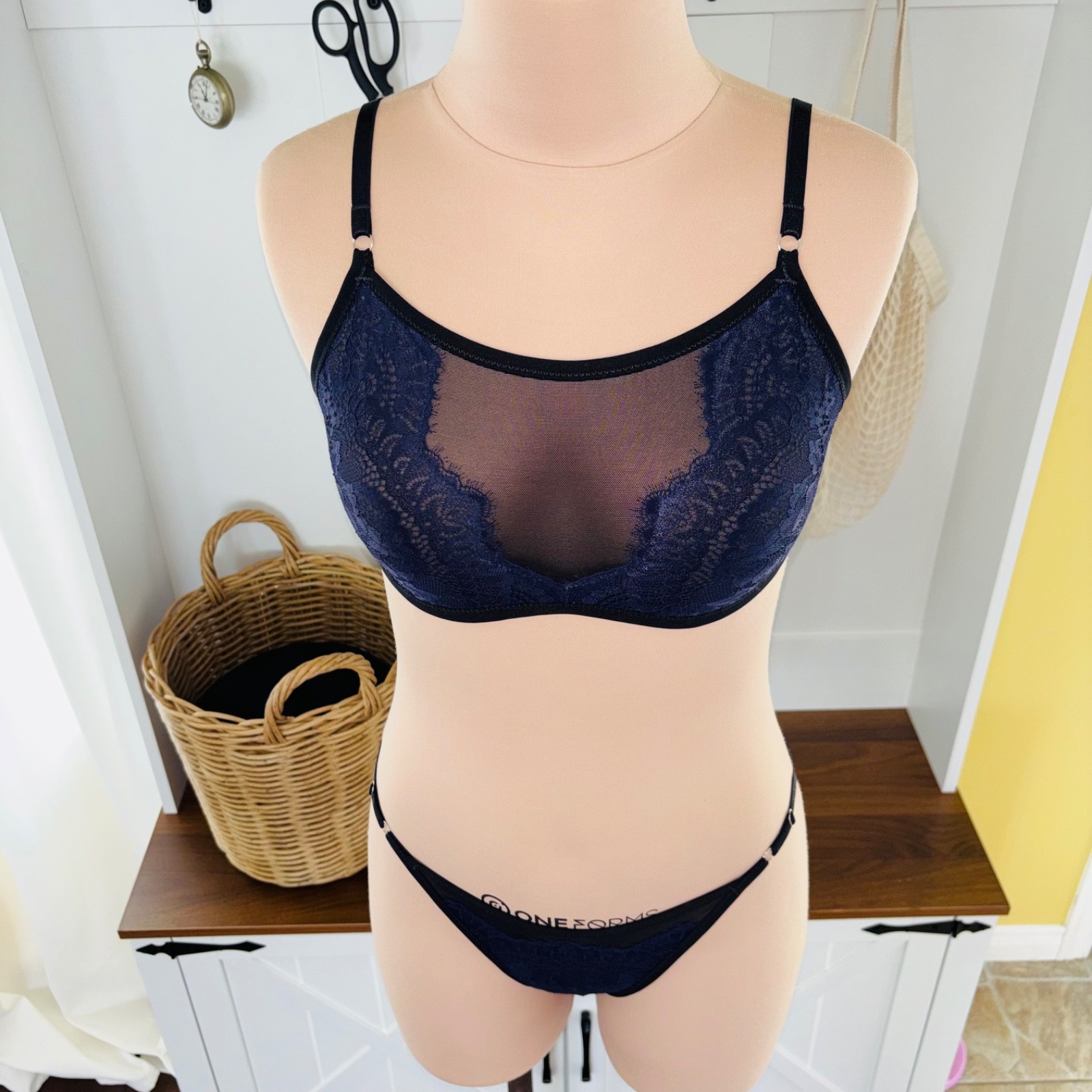 BLUE Lace UNDERWEAR Set SHEER Black SISSY Mesh Vintage LINGERIE Bikini BRIEF S M