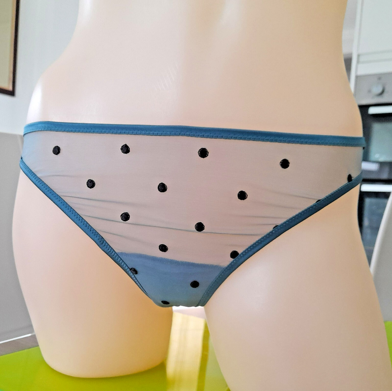 Valentino Intimate Teal Mesh Black Spot Sheer Narrow Sided Thong