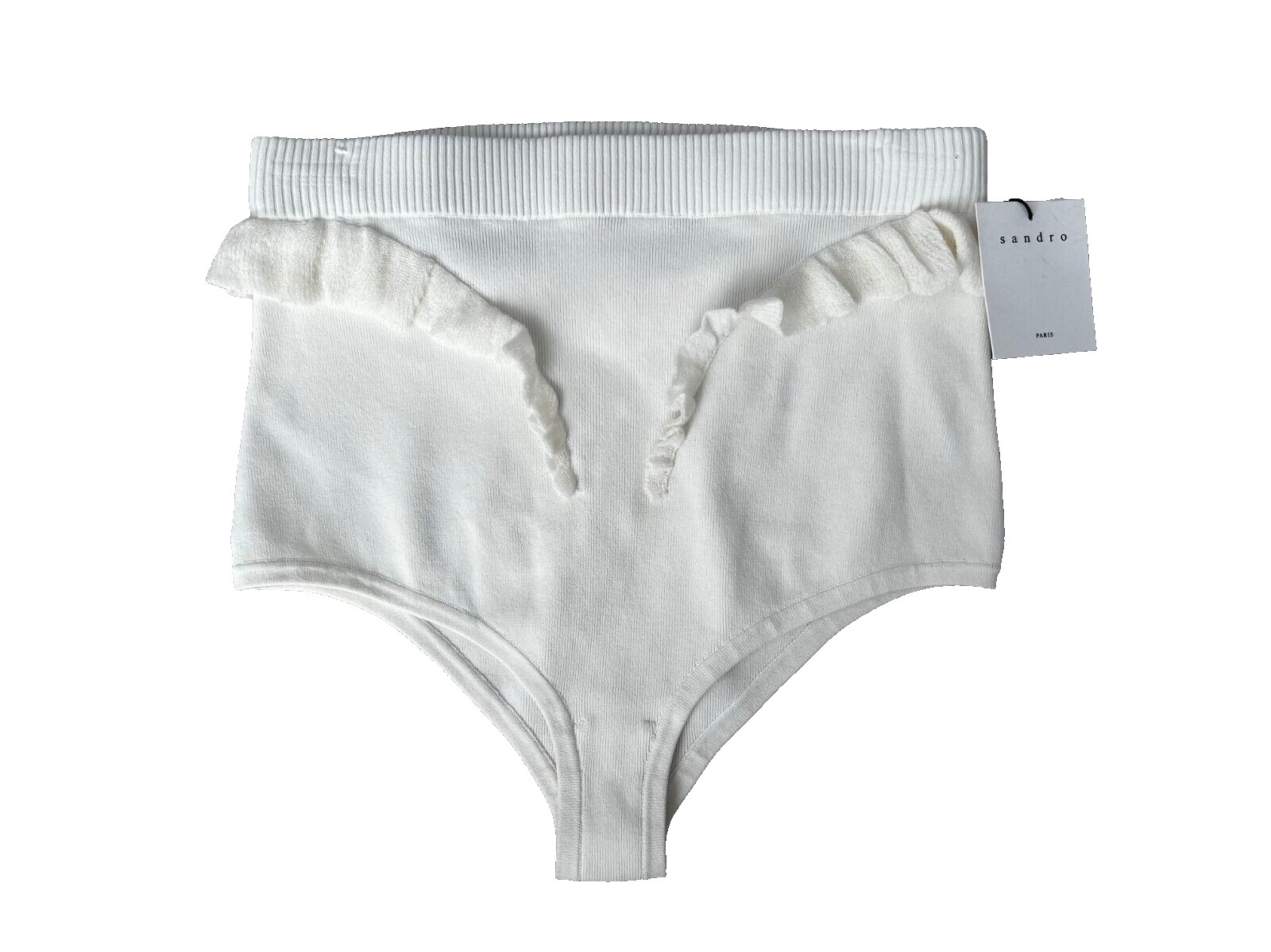 Sandro Paris Belinda Ruffled High Waisted Rib Panty Underwear White ( US 8 )
