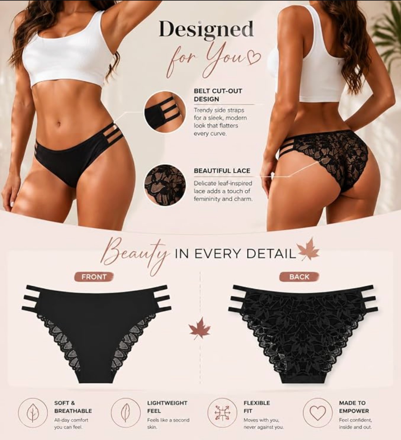 Womens Lace Bikini Panties Triple Side Strap Breathable Cheeky Underwear 6 Pack