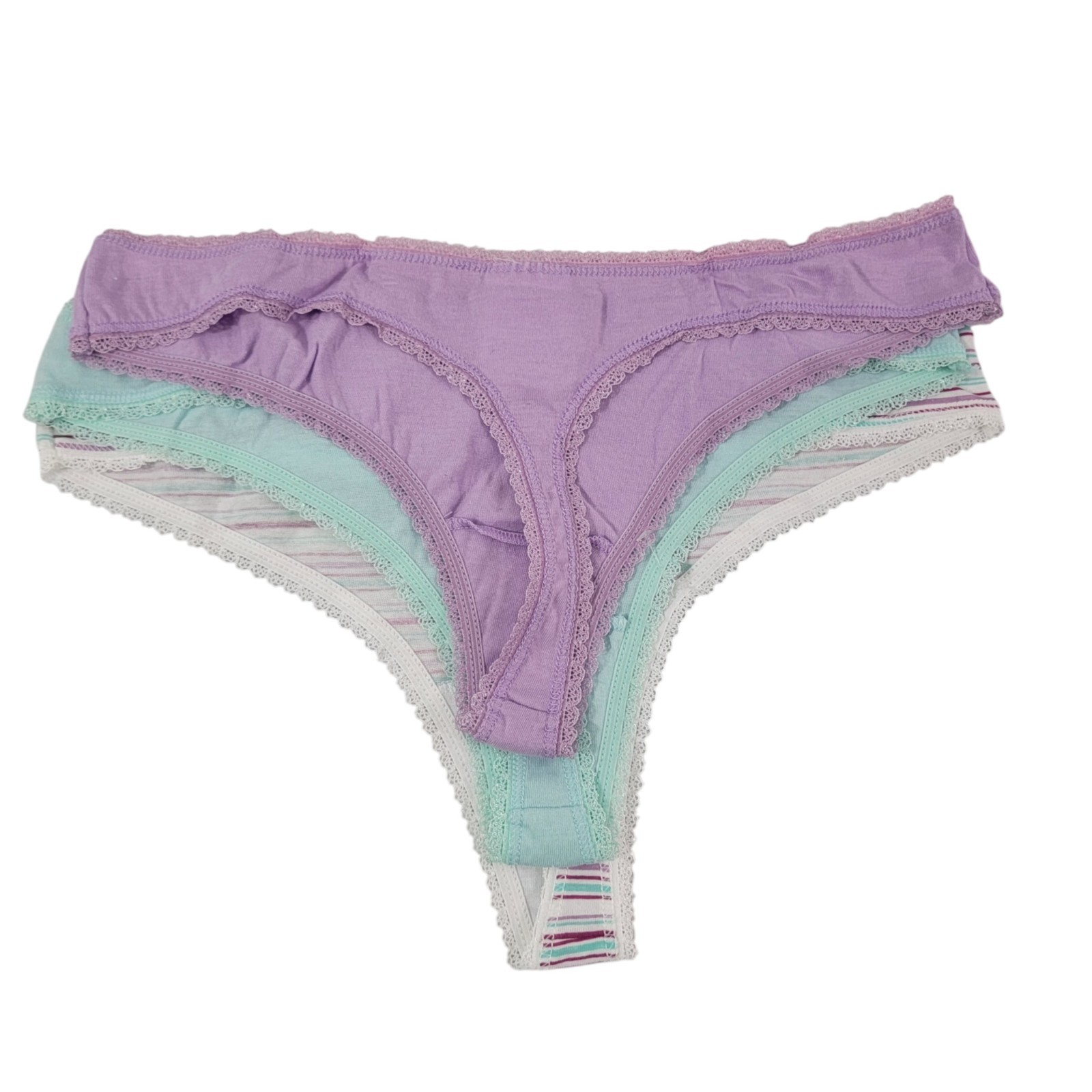 Secret Treasures Women’s 3 Pack Cotton Blend Lace Trim Thong Panties – Small
