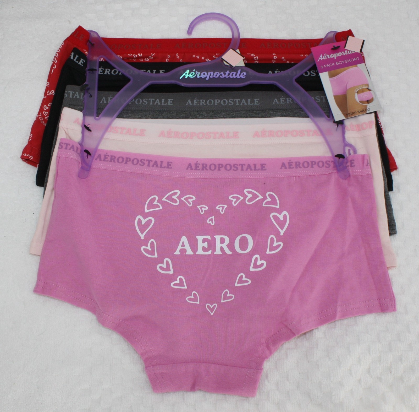 NWT set of 5 AEROPOSTALE cotton BOYSHORT RED PINK HEARTS gray black VALENTINES