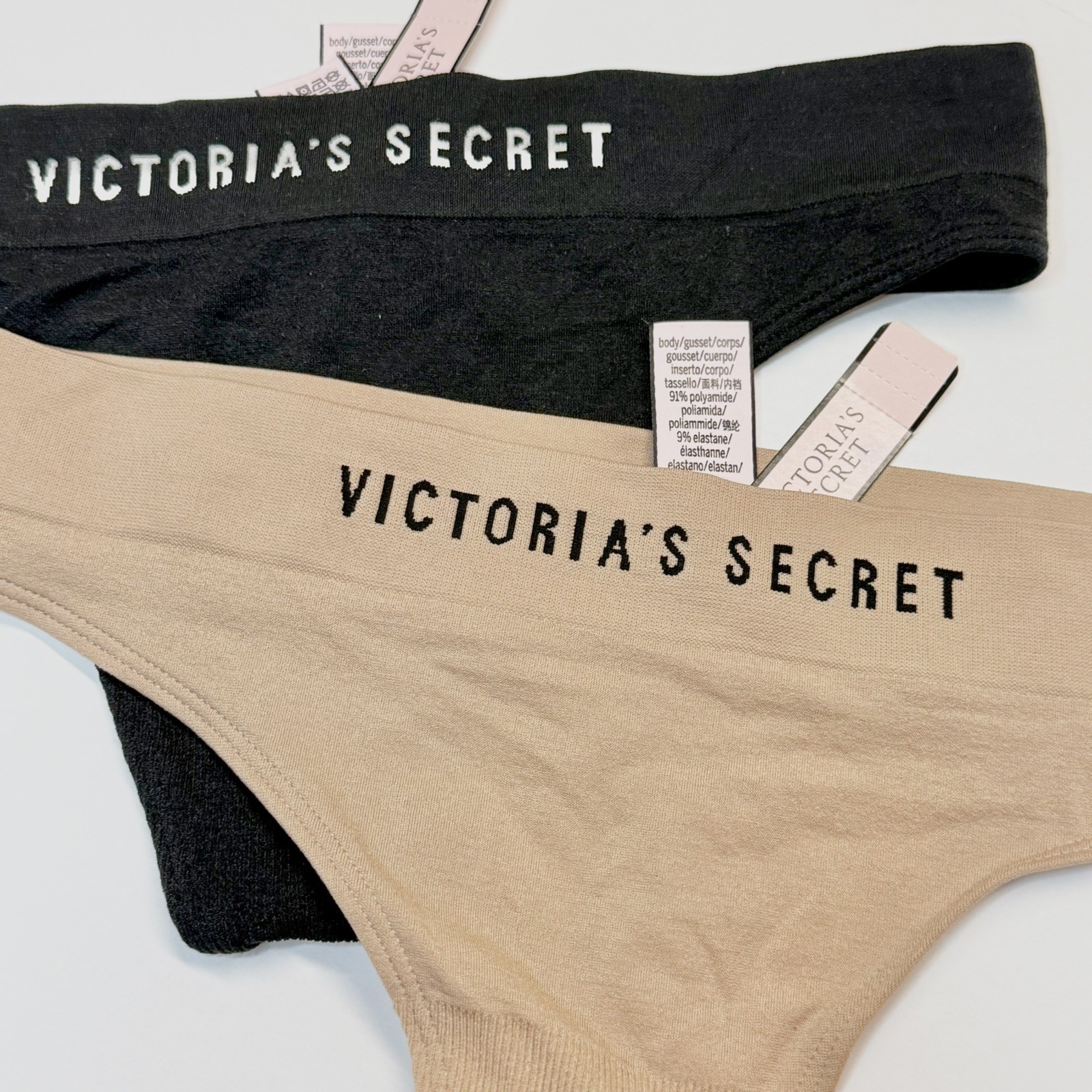 Set of 2 Vintage Victoria’s Secret Logo Band Soft Nude Black Thong Panties Med