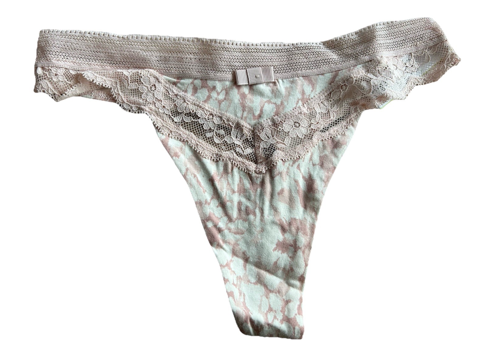M&S pink and white pattern lace trim and detail thong Size XS New