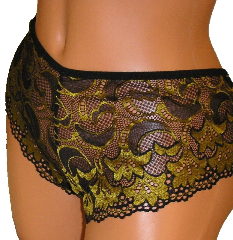 Black Gold Lace Heart Accent Strap Back Panties Lingerie, 3X Adult Gift