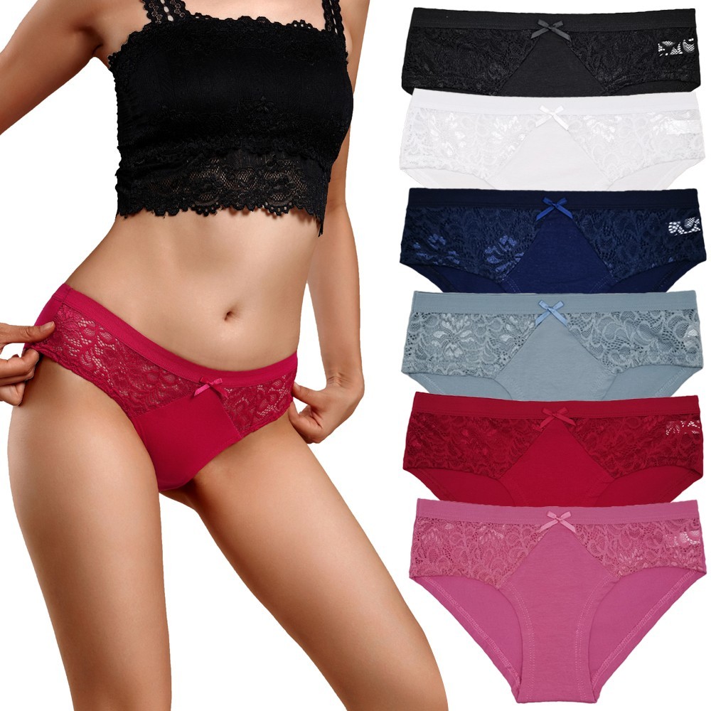 6 Pack M L XL Women Soft Cotton Brief Panties Lace Side Bikini Underwear Set