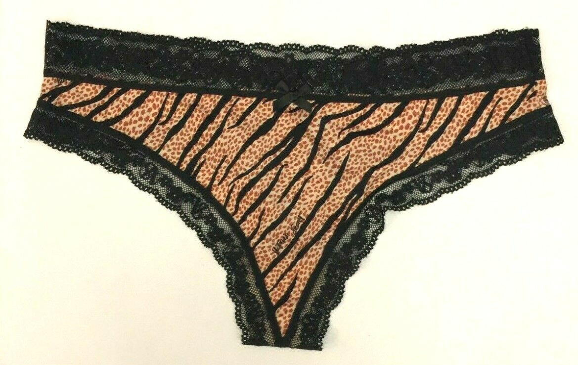Victorias Secret Tiger Giraffe Animal Print Thong Panty Size XL Logo Lace Waist