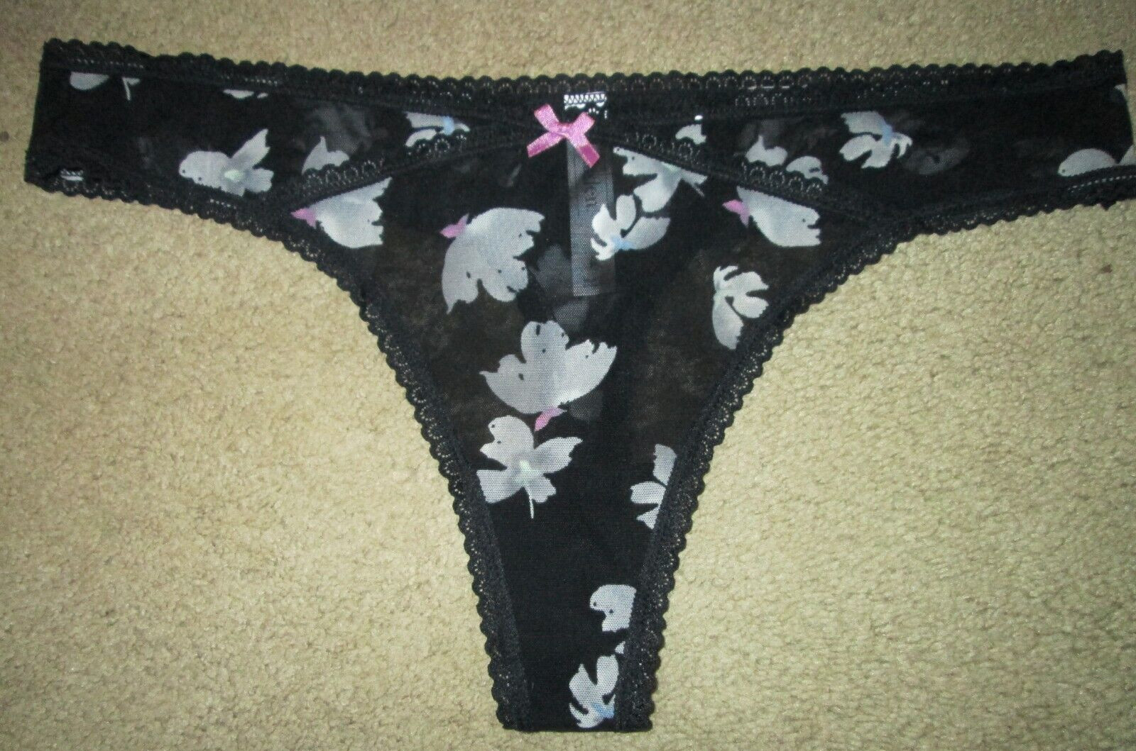 Auden Ladies sheer thong-L-NWOT-1 item-BLACK sheer w/butterfly design-lace trim