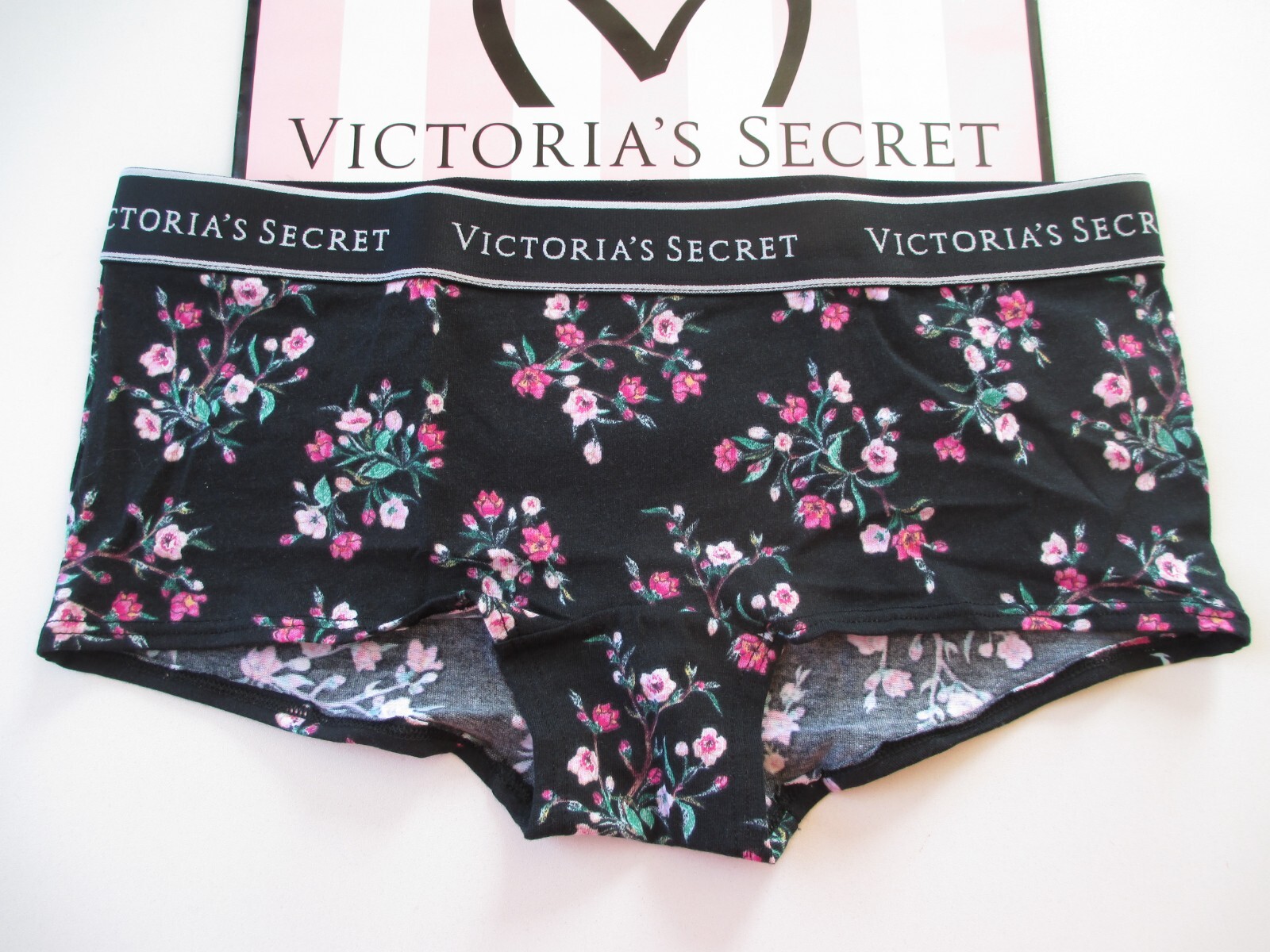 VICTORIA’S SECRET Cotton Boyshort Panty S L Black Floral NWT Logo Band VS
