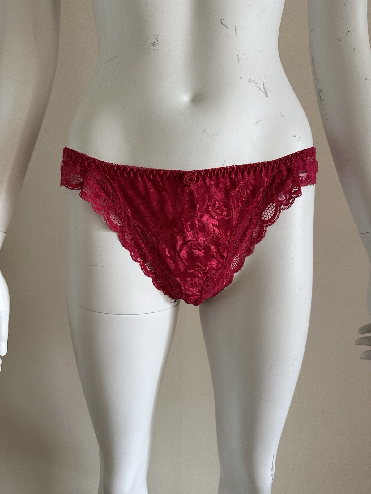 Victoria’s Secret Gold Label Red Satin Jacquard Bikini Panties Lace Trim Rose M