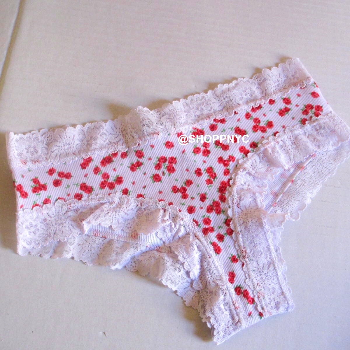PINK Victoria Secret Cotton Ribbed Cheeky Panty S M L XL Lace Trim Pink Red