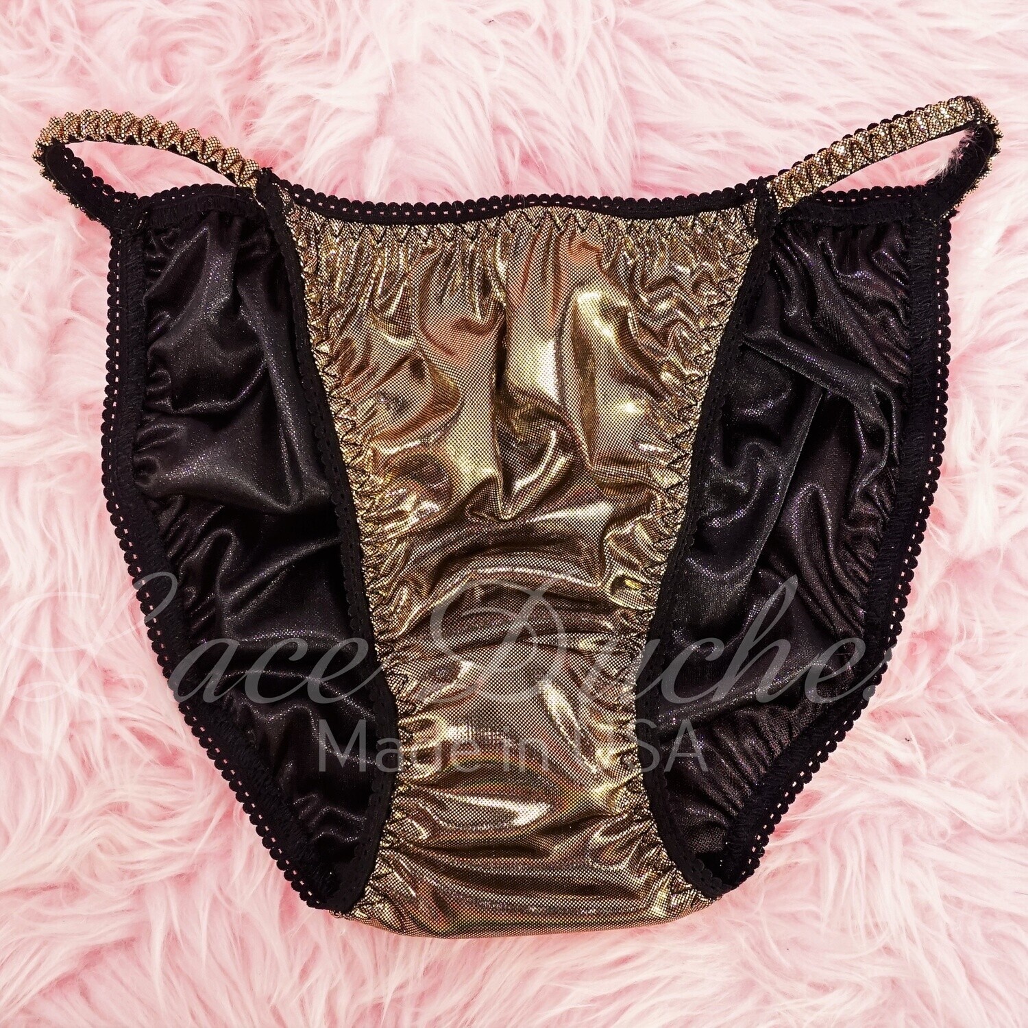 GOLD Black Metallic Foil Sissy DUCHESS CUT ladies string bikini panties