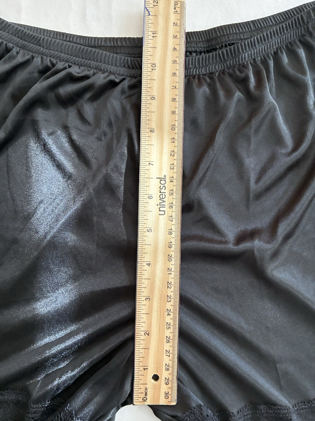 New Women Black Medium French Knicker Shiny Faux Satin Lace Trim Wide Leg Shorts