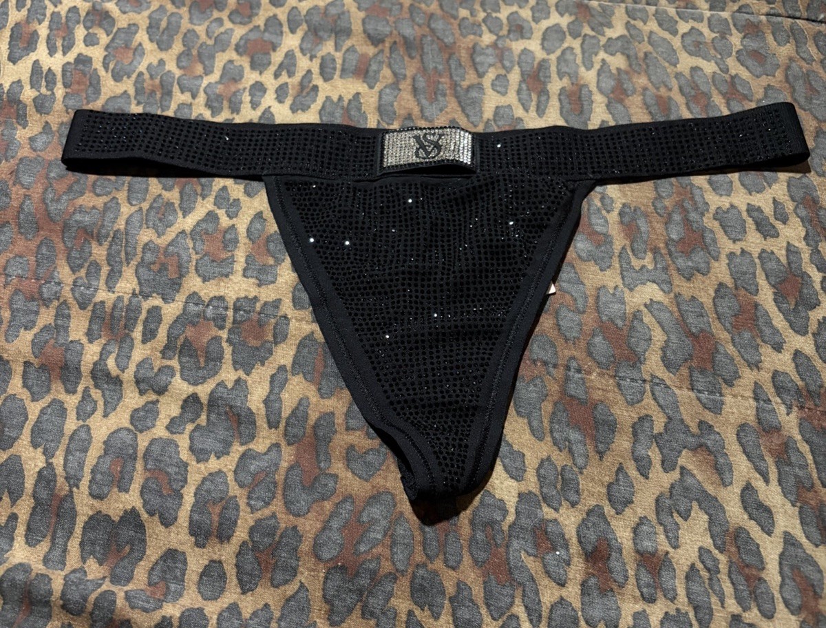 Victoria’s Secret Black All over Rhinestone Shine Logo Patch V String NWT M Or L