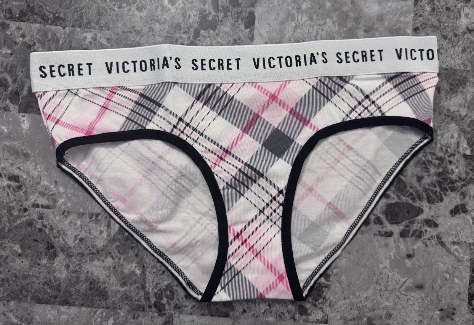 NWT VICTORIA’S SECRET S PINK GRAY PLAID THICK LOGO BAND RARE HIPHUGGER PANTIES