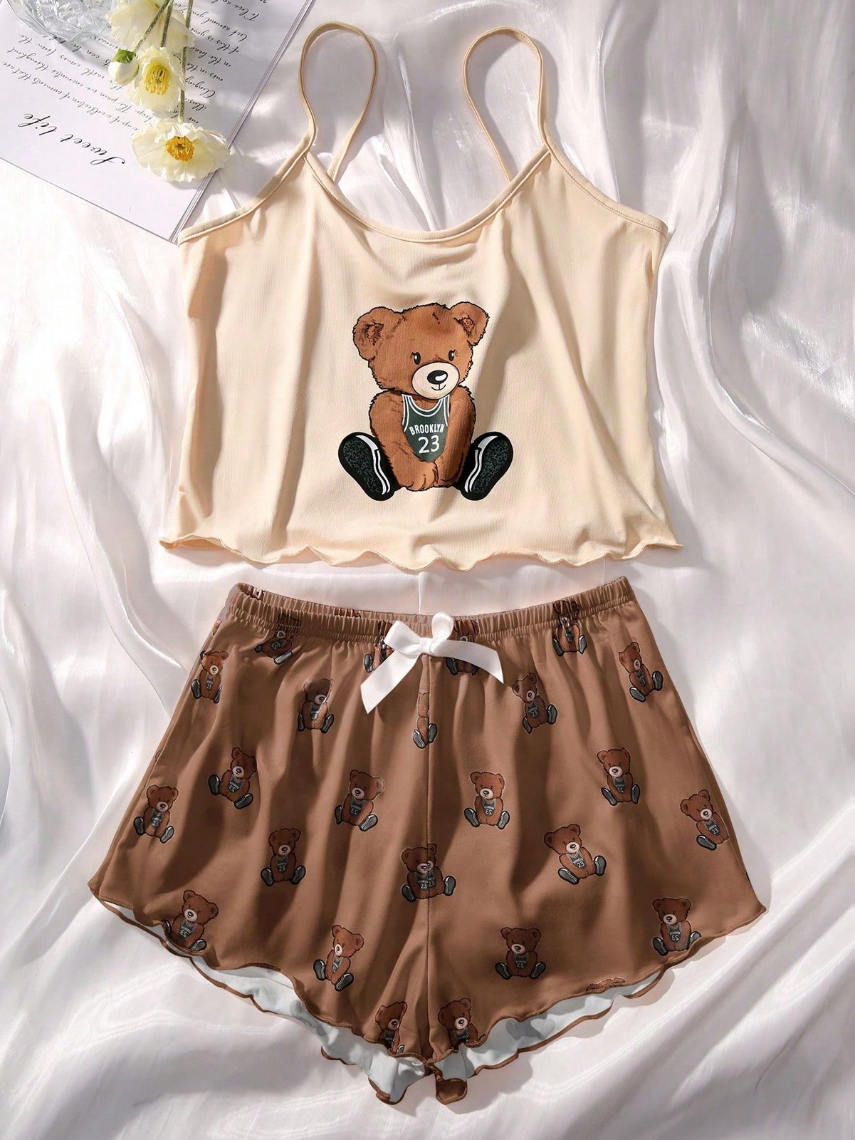 Bear Pattern Strappy Top with Frill Hem and Shorts Pyjama Set for Ladies Cheap24