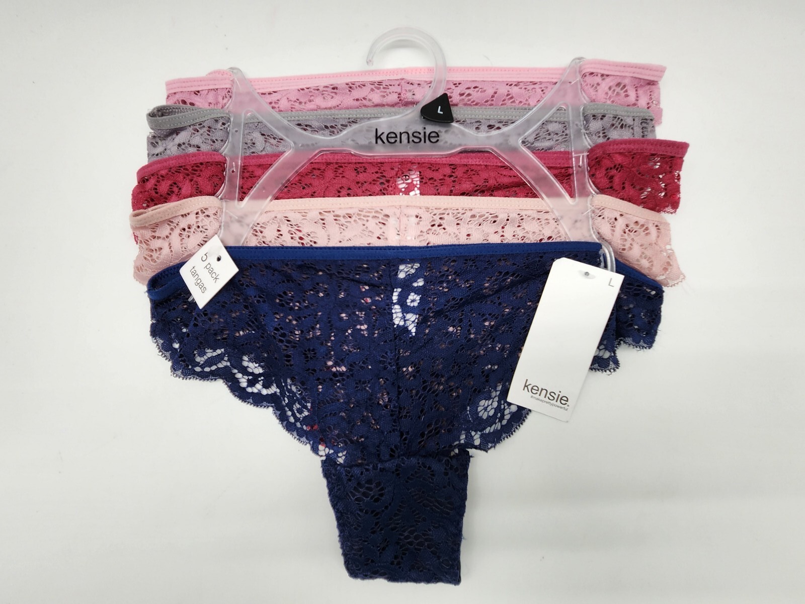 KENSIE Women’s Large 5 Pack Lace Cheeky Panties Navy Blue Gray Mauve Pink Beige