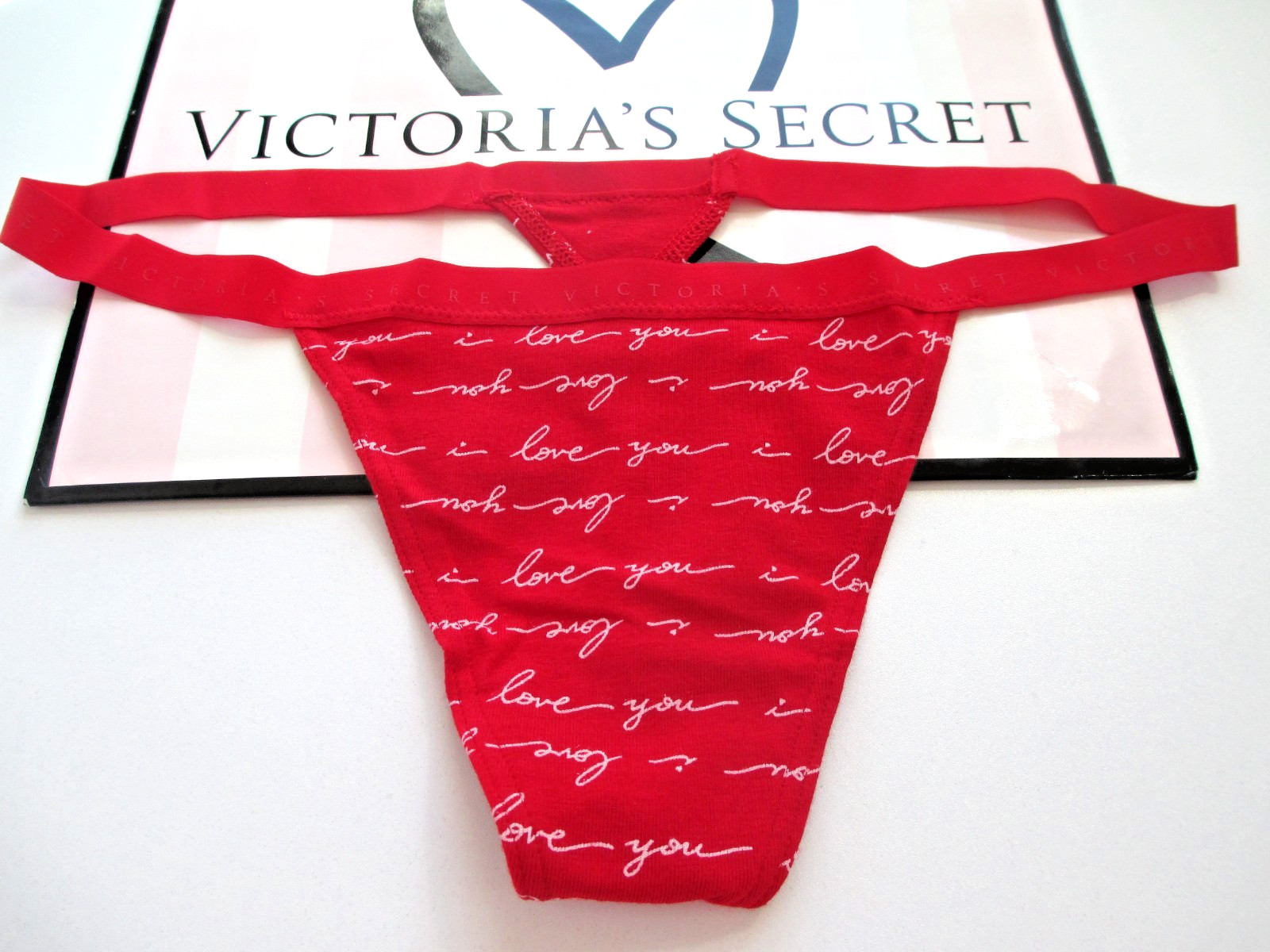 VICTORIA’S SECRET Cotton V-String Thong Panty S M L XL Red Script FREE SHIP 4+