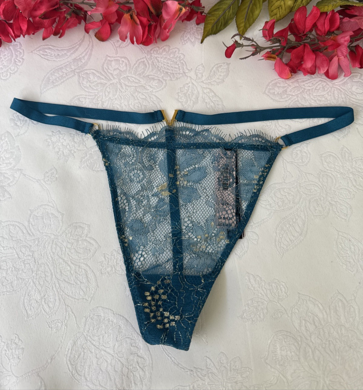 VICTORIA’S SECRET M TEAL BLUE GOLD SEXY STRAPPY CHARM V STRING THONG PANTIES NWT