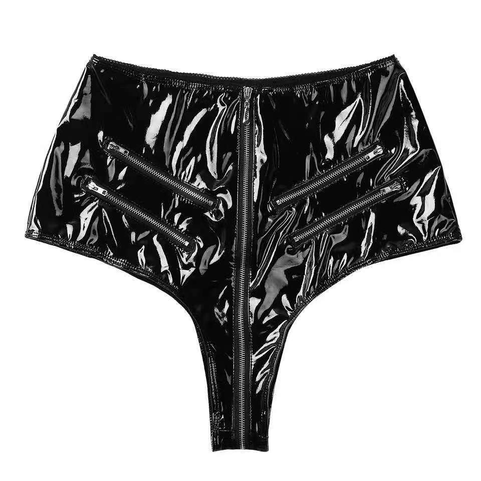 Women’s Sexy PVC Leather Panties Latex Lingerie High Waist Zip Crotch Underwear