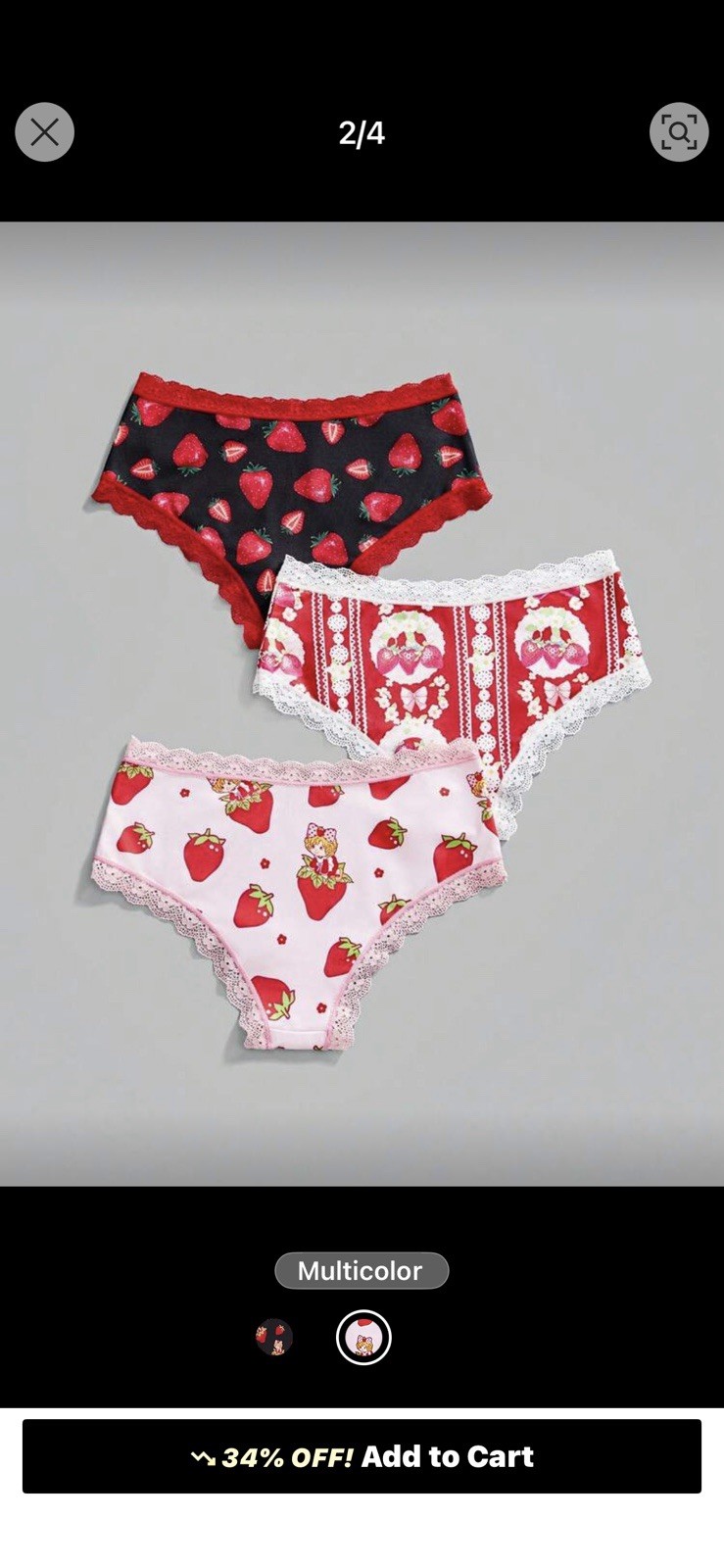 ROMWE Strawberry Shortcake Kawaii y2k Lace Trim Fabric Cute Cheeky Brief Panties