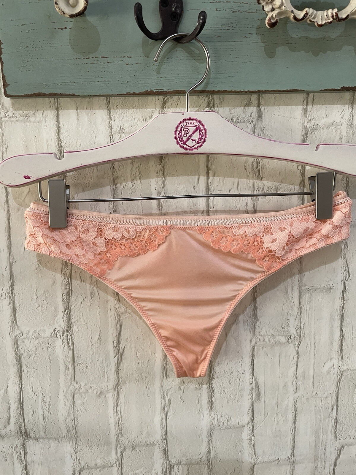 Victoria’s Secret Body By Victoria Peach Satin Crochet Peach Thong Panty S NEW
