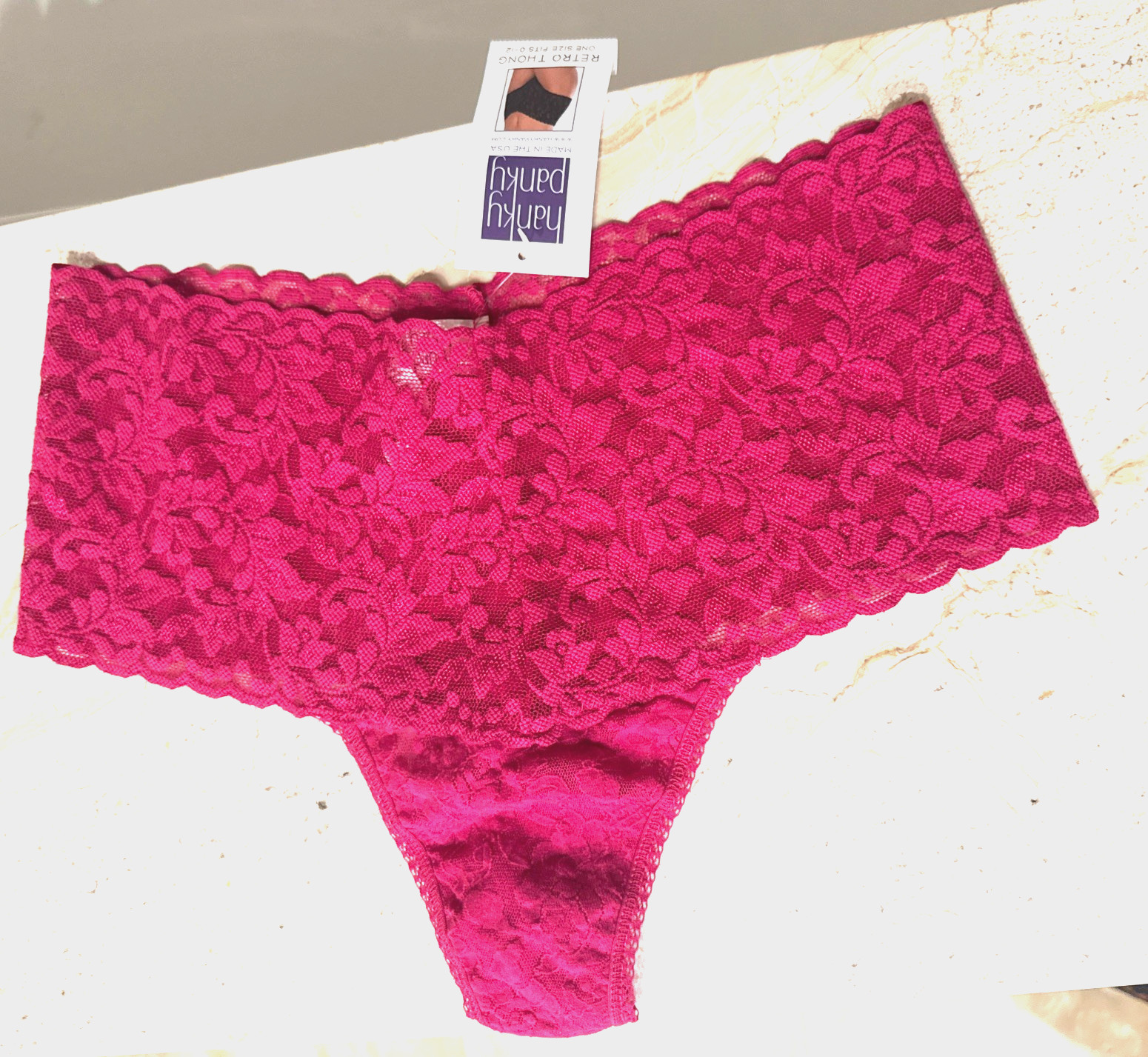 Hanky Panky Pantie Fuschia Lace Retro Thong 0-12 Nylon NWT China