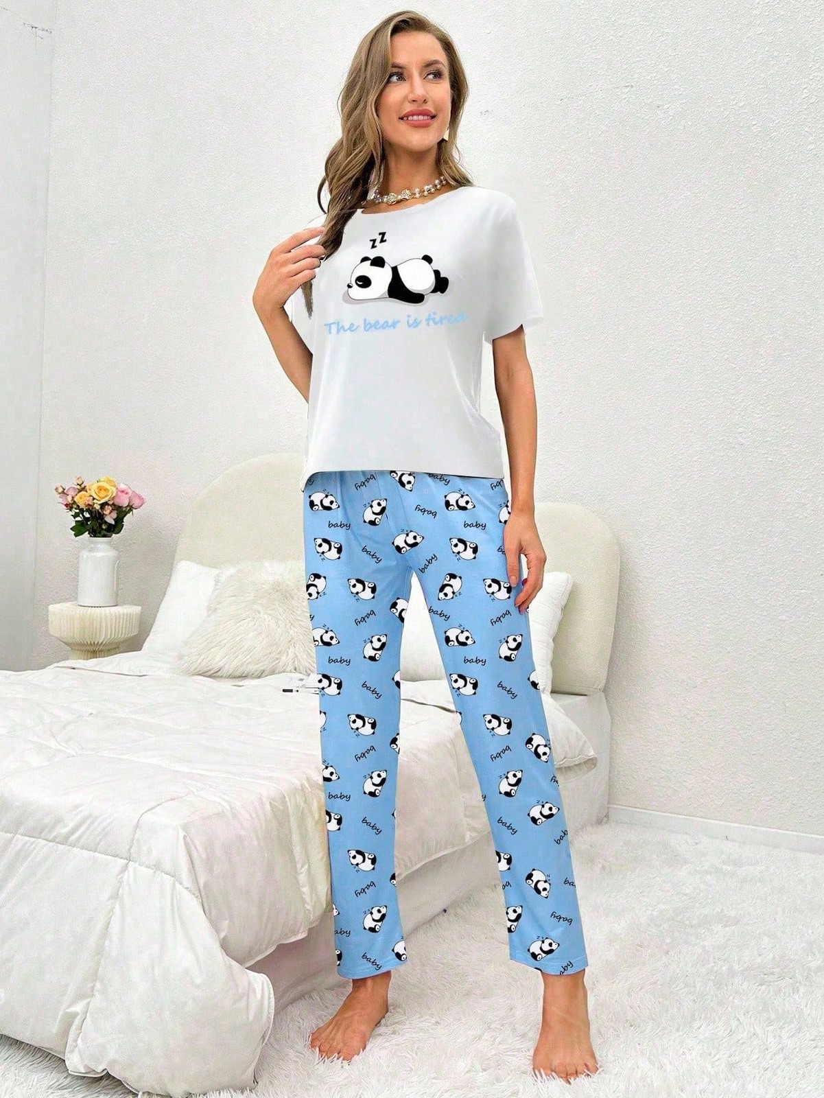 Ladies Comfy Panda & Slogan Graphic T Shirt and Pants Pyjama Set Cheap24