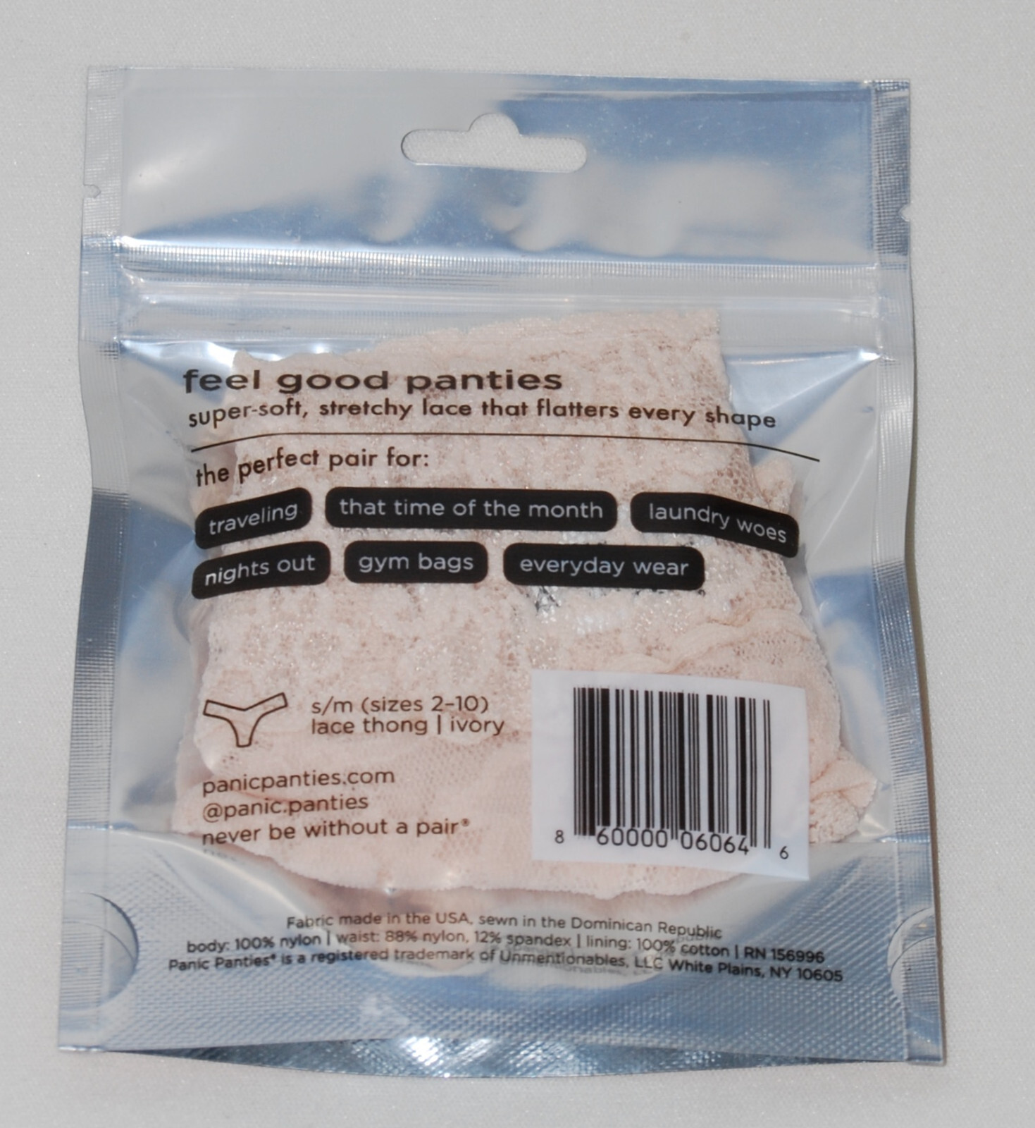NWT Panic Panties Mid-Rise Ivory Lace Thong Underwear sz Small-Medium fits 2-10