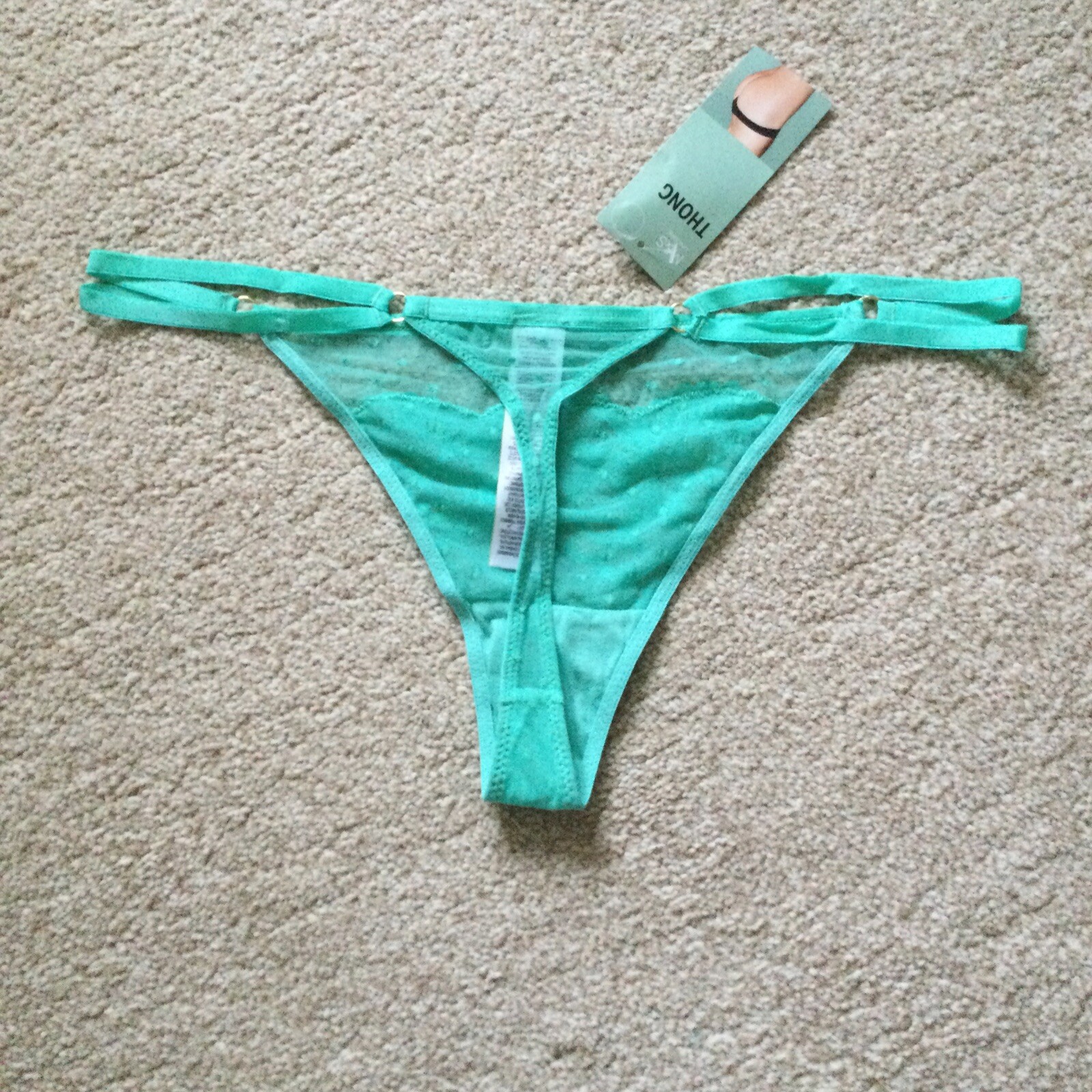 M&S Size 14 Ladies Lace Mesh Thong Knickers Light Jade Green Gold Ring Detail