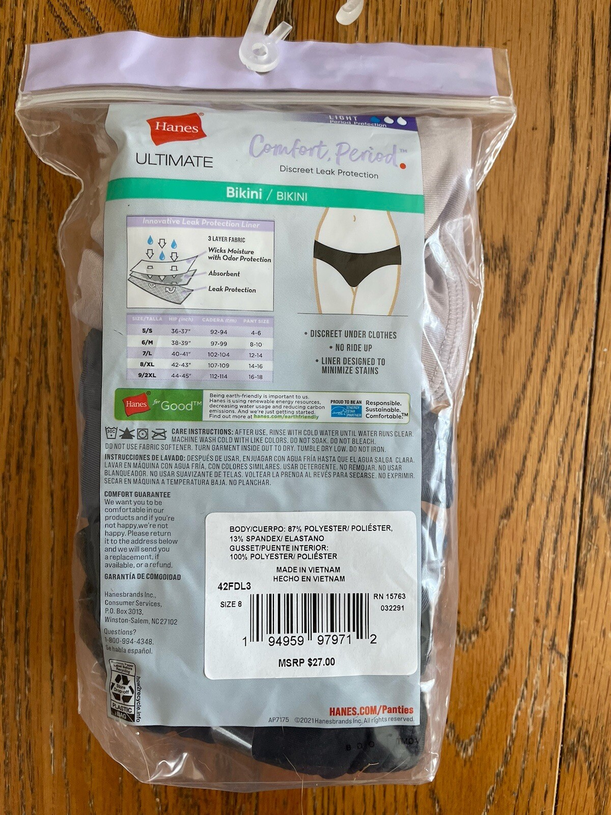Hanes Ultimate BIKINIS Light Comfort Period Protection 3-Pack Panties Size 8/XL
