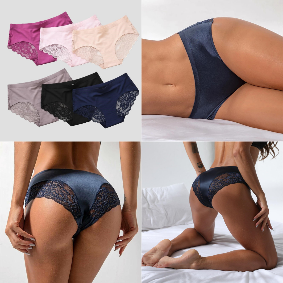 6 Pack Women’s Mid-Rise Ice Silk Briefs with Lace Trim Assorted Colors