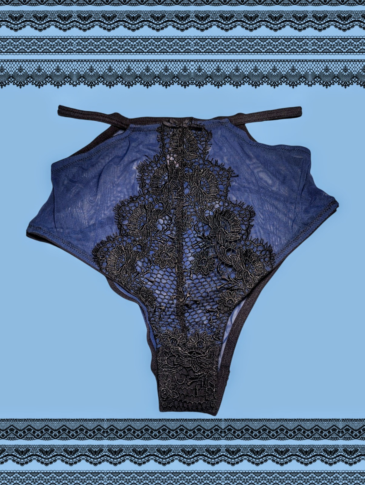 PLAYFUL PROMISES Blue Black FLORAL Crochet Lace HIGH WAIST Panty Women’s 4 Small