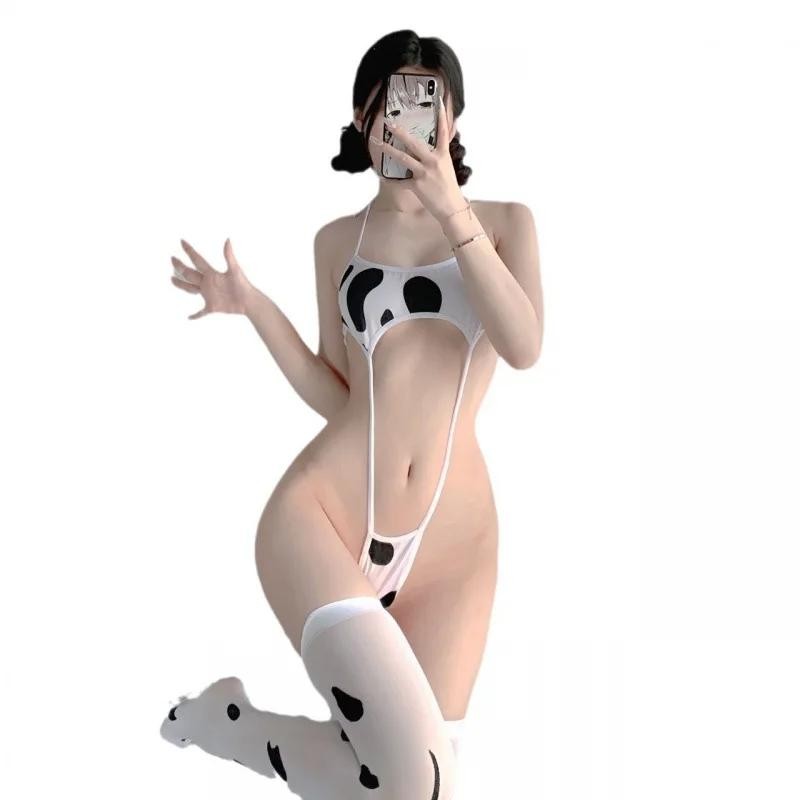 Anime Cute Cow Print Bikini Bodysuit Sexy Halter Backless Sexy Micro Lingerie